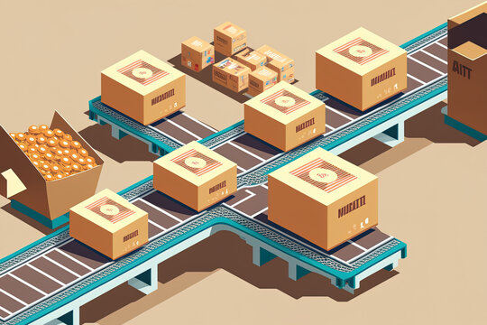 Conveyor belt with cardboard boxes at manufacturing plant warehouse or post office cartoon image automated production line with commodities or product packaging. Generative AI