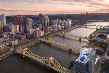Fototapeta premium Aerial view of Pittsburgh, Pennsylvania. Business district and river in background. Three Bridges in Background