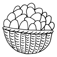 egg in basket cartoon vector and illustration, black and white, hand drawn, sketch style, isolated on white background.