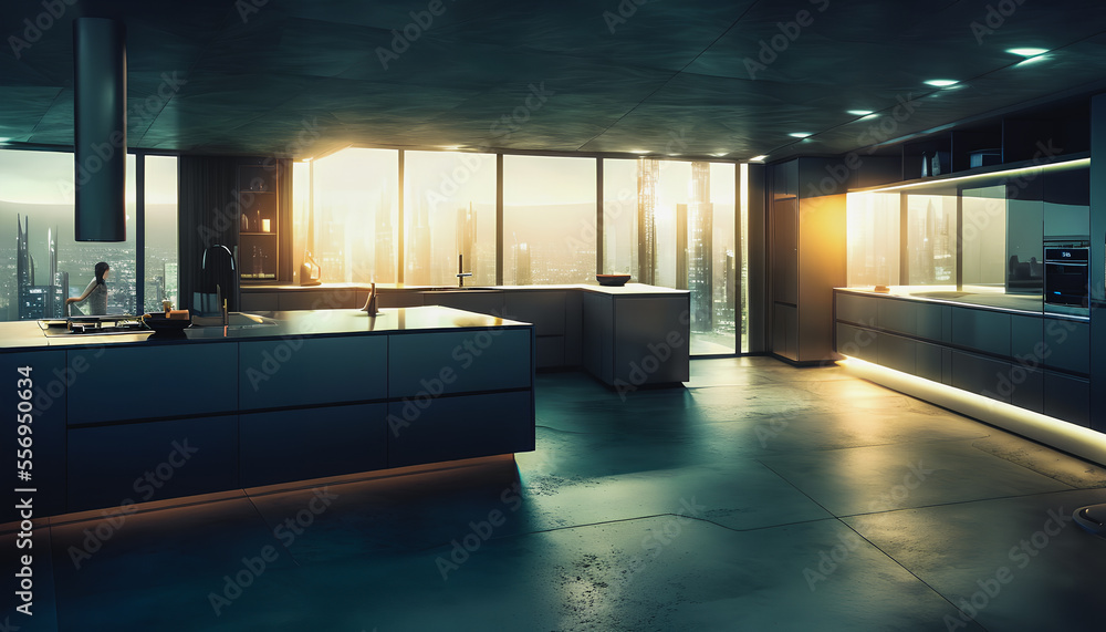 Poster Artistic concept painting of a beautiful futuristic interior, Generative AI