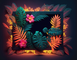 Fototapeta na wymiar Tropical Leaves And Tropical Flowers On Black Frame With Light In Background With Green Leaves Generative AI