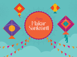 Happy Makar Sankranti wish post with Colourful kites set on indian festive background. Editable vector file. 