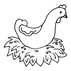 Laying hen in nest sketch vector. Farm chicken and eggs drawn in vintage engraving style