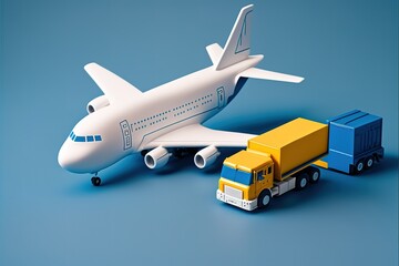 Delivery Plane With Truck Ready For Delivers On Paste Blue Background Generative AI