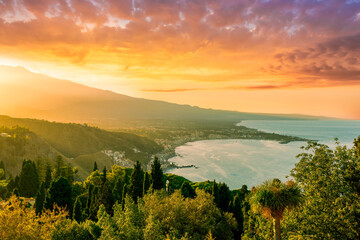 highland mediterranean travel landscape scenic picture from green garden to a beautiful mountain town in sunrise or sunset