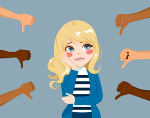 Vector illustration of unhappy blonde teenager woman receiving criticism concept. Young lady feeling guilty after negative feedback surrounded by hands with thumbs down - obrazy, fototapety, plakaty