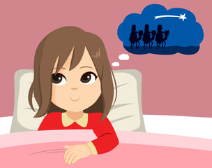 Vector illustration of little girl ready to go to sleep the night before Three Wise Kings holiday. Christian tradition of Magi Kings