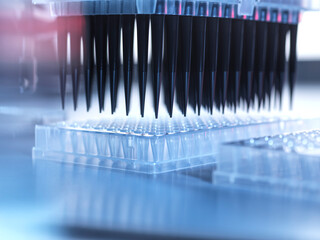 Samples being pipetted into micro plates during automated analysis in lab