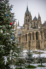 Christmas tree in front of the Bayeux Cathedral 
