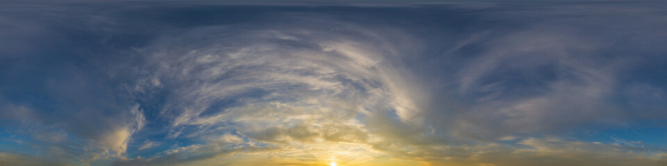 Dramatic sunset sky panorama with Cumulus clouds. Seamless hdr 360 pano in spherical equirectangular format. Complete zenith for 3D visualization, game and sky replacement for aerial drone panoramas