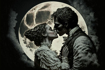 Obraz premium A man and a woman kiss in front of a full moon with clouds in the background and a black and white image Generative AI
