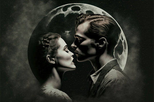 A man and a woman kiss in front of a full moon with clouds in the background and a black and white image Generative AI