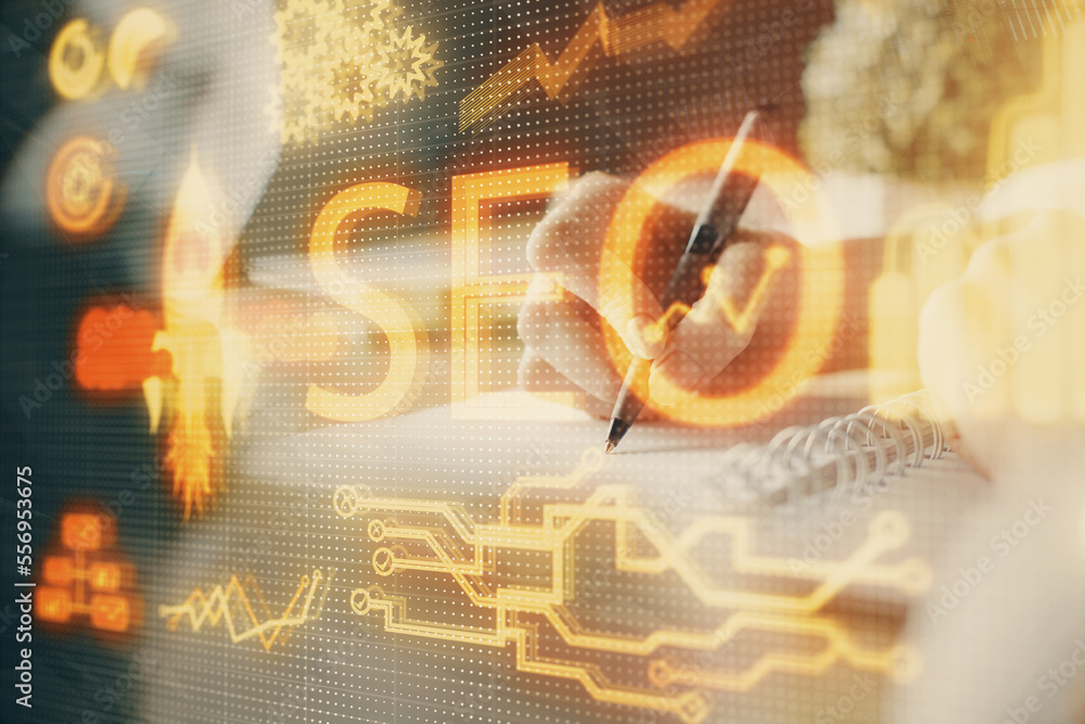 Poster multi exposure of woman's hands making notes with seo icon. concept of search engine optimization