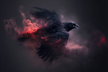 Black raven flying. Black crow. Evil bird. Glowing wings. Misty and smokey red smoke, fire and embers.