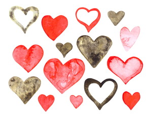 A collection of hand drawn red and green watercolor hearts on a white background. A set of simple doodle cliparts for Valentines Day design.