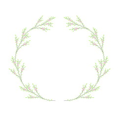 Obraz na płótnie Canvas A delicate round frame for wedding invitation card design. Fand drawn wreath of blossom sakura branches isolated on a white background. Young green leaves and pink flowers.