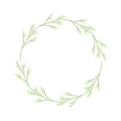 A delicate round frame for wedding invitation card design. Fand drawn wreath of blossom sakura branches isolated on a white background. Young green leaves and small pink flowers.