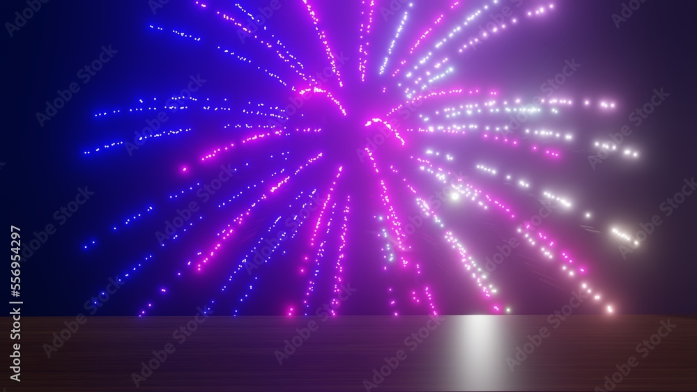 Poster 3d rendering. fireworks background with a wooden table in front of the frame. new year's eve. happy 