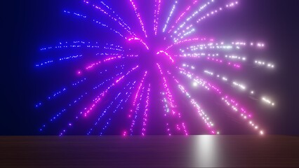 3d rendering. fireworks background with a wooden table in front of the frame. new year's eve. happy new years 2023. people and holidays.