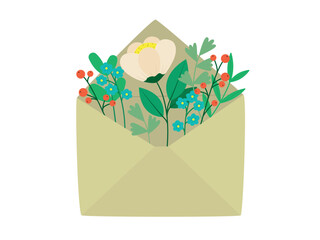 Mail envelope wis a fantasy flowers. Romantic spring message. Vector illustration isolated on a white background - obrazy, fototapety, plakaty