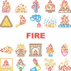 flame hot fire burn bonfire heat icons set vector. red danger, light orange, campfire energy fiery element glow, hell flammable inferno flame hot fire burn bonfire heat color line illustrations