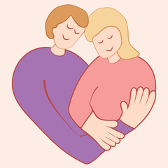 National Hug day greeting card with young couple hugging each other. Man and woman embrace with love and smile. Valentine's day card Lovely people care each other in the heart symbol illustration icon