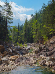 Turkey travel, mediterranean area on a warm summer day, Lycian trail in Goynuk Canyon with beautiful mountain river.