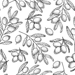 Olive branch seamless pattern. Hand drawn vector illustration. Design template. Healthy food illustration. Olive oil pattern.