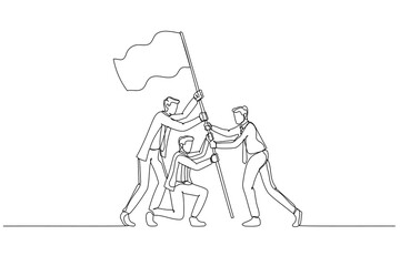 Drawing of businessman with flag as a symbol of success and heights. Continuous line art