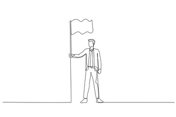 Drawing of businessman hold flag demonstrate goal achievement showing leadership. Single continuous line art