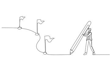 Drawing of businessman using pencil draw line with flag as milestones. Continuous line art style © rina