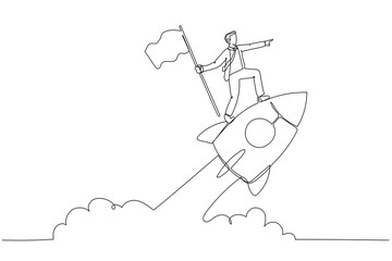 Cartoon of businessman holding number one flag standing on flying rocket. One continuous line art style