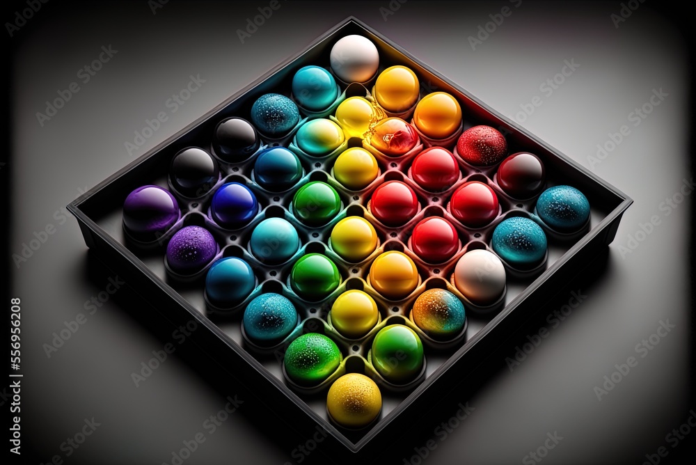 Poster a square platter of colorful eggs generative ai