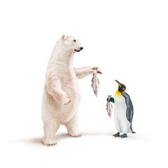ours blanc, manchot empereur, frigide, merlan, poisson à la main, neige, pêcher, montrant, faune, illustration, arctique, hiver, blanc, glace, animal, nature