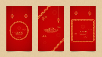 Happy Chinese New Year Realistic Social Media Stories Design Collection Template with Chinese Pattern and Border For Instagram