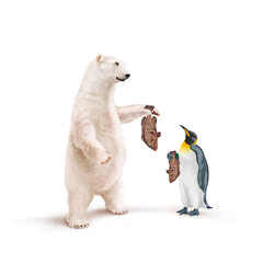 ours blanc, manchot empereur, frigide, mérou , poisson à la main, neige, pêcher, montrant, faune, illustration, arctique, hiver, blanc, glace, animal, nature