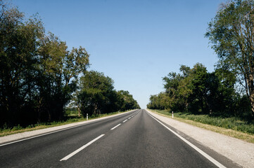 Fototapeta na wymiar Motor transport routes between trees laid asphalt in Ukraine pre -war period.