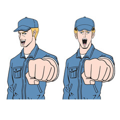 拳を突き出す白人作業員