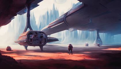 A majestic painting of a crashed spaceship in the midst of a forest, devoid of any human figures. The image captures the grandeur and otherworldly nature of the vessel. Generative AI