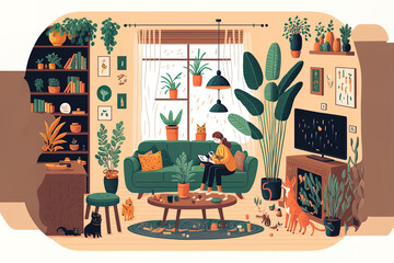 Living room furnishings and artifacts with an idea of small people within. illustration of a cozy home with furniture, plants, and animals. Object display and inside view of an apartment. Generative