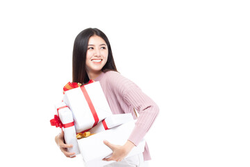 Attractive asian woman holding gift box in christmas, new year, valentine day, birthday celebration concept. Portrait of smiling happy pretty girl hold gift box isolated on white with copy space.
