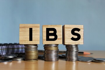 IBS (Integrated Business Services) - acronym on wooden cubes on a gray background with a calculator and banknotes. Business concept