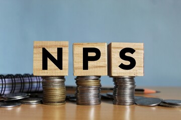NPS or national pension scheme with wooden bids or blocks on Indian rupees notes.