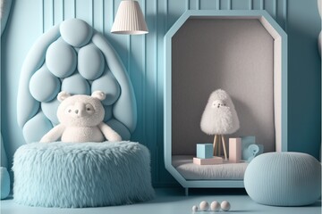 photography of a pastel blue child bedroom, ai generated