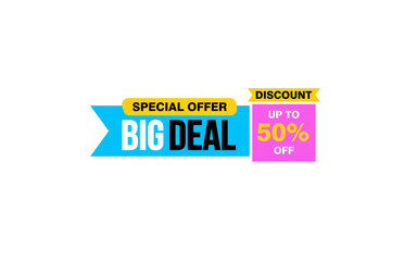 50 Percent BIG DEAL offer, clearance, promotion banner layout with sticker style. 
