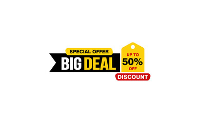 50 Percent BIG DEAL offer, clearance, promotion banner layout with sticker style. 
