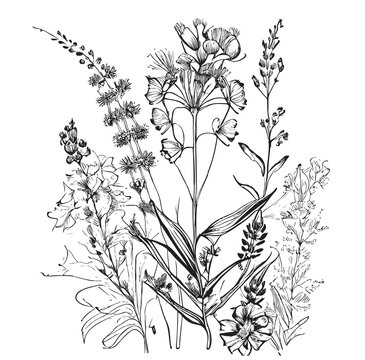 Wild flowers in Provence style sketch hand drawn engraving Vector illustration