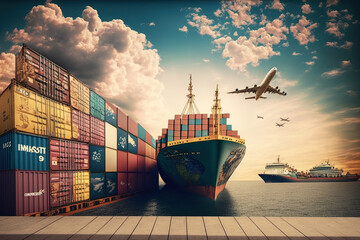 for the import and export of goods, containers box backdrop cargo, freight ships. Generative AI