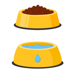 Vector colorful image of bowls for pet food. Feeding cats and dogs. The concept of veterinary care for pets. Design element for applications, website, etc.