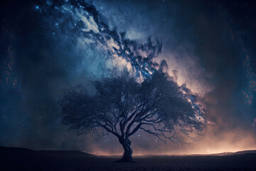Fototapeta na wymiar cloudy milky way and a tree silhouette. Generative AI